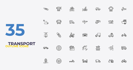 outline transport icons set - planes, houseboat, bicycle side view. editable vector for web and mobile ui © IconArt