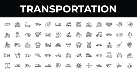 outline transportation icons set - road sweeper, airplane pointing up, eighteen-wheeler. editable vector for web and mobile ui © IconArt