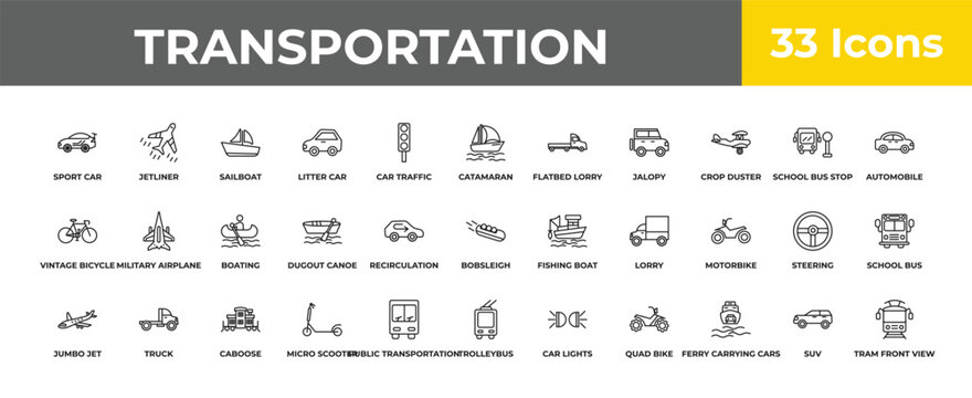outline transportation icons set - boating, truck, tram front view. editable vector for web and mobile ui