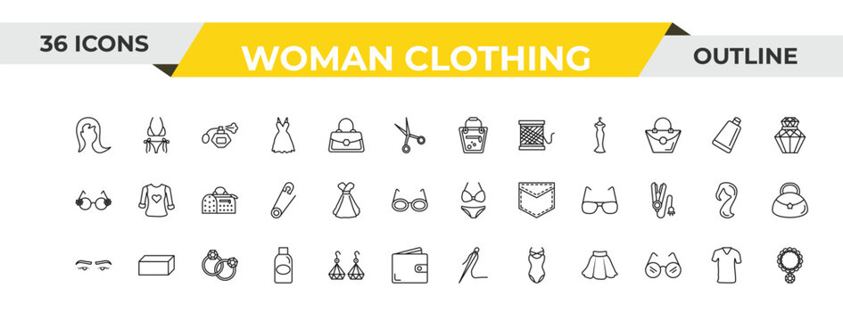 outline woman clothing icons set - female handbag, female dress, round earrings. editable vector for web and mobile ui