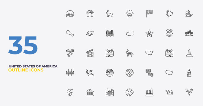 outline united states of america icons set - washington, usa, corndog. editable vector for web and mobile ui
