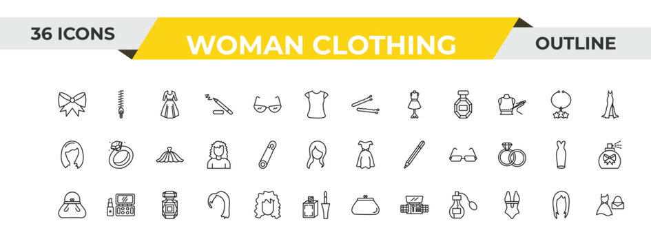 outline woman clothing icons set - hair clip tool, perdible pin, perfume bottle. editable vector for web and mobile ui
