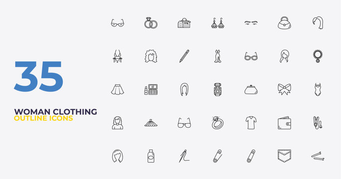 outline woman clothing icons set - sexy female dress, clothes, hair clip tool. editable vector for web and mobile ui