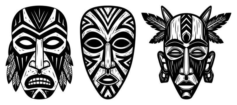 Set of Traditional Tribal Masks with Ethnic Patterns and Feathers, African and Oceanic Cultural Ritual Decor