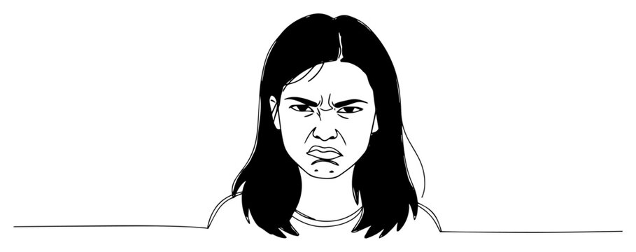 Angry and Frustrated Woman Facial Expression, Minimalist One Line Art Illustration of Negative Emotions and Stress