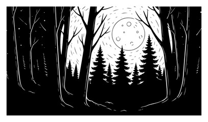 Full Moon over Coniferous Night Forest, Majestic Wilderness Landscape with Pine Trees and Stars in Engraving Woodcut Style © Luka