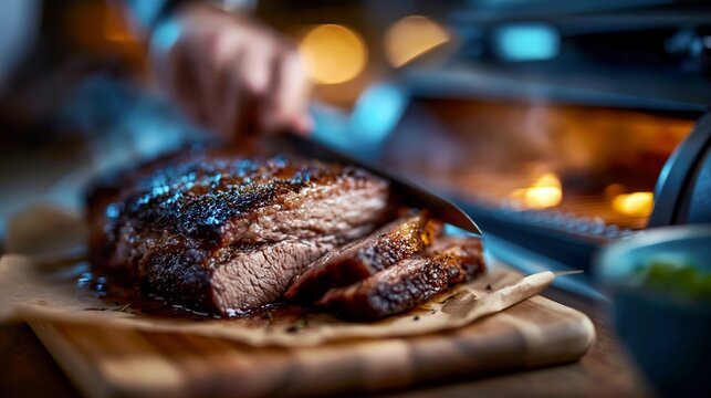 Smoked beef brisket sliced on butcher paper beside open backyard smoker