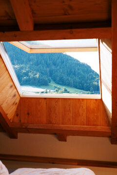 Wooden Window Overlooking Italian Alps Hills
