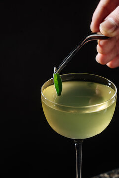 Herbal Green Cocktail Garnished with Leaf 