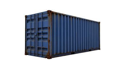 Fototapeta premium Blue corrugated metal shipping container with rusty corners, isolated on transparent background