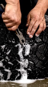 Professional Tire Repair with hands using pliers to remove a puncture from a soapy black tire for automotive service and car maintenance content. Vertical. Video. Portrait Orientation.