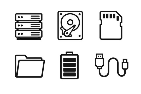 Computer Hardware and Data Storage Line Icon Set Featuring Vector Pictograms of Server Rack, Hard Disk Drive, SD Memory Card, File Folder, Battery Level, and USB Connection Cable for Tech Design