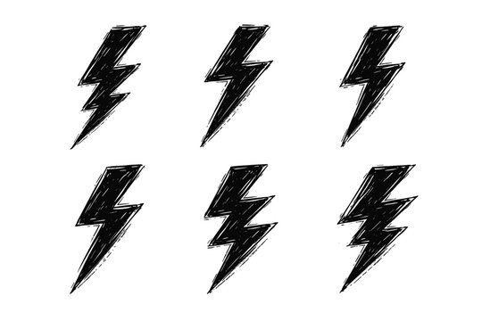Set of Six Hand-Drawn Electric Thunderbolt Icons with Rough Brush Strokes and Grunge Texture; Black Lightning Bolt Symbols for Power, Energy, and Weather Design Elements on White Background