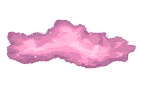 Magical pink cloud with glowing stars and sparkling particles, fairy smoke or nebula effect isolated on white background, dreamy pastel fog for fantasy design, celestial cosmic vapor element.