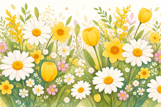 Spring Flowers Vector Illustration with White Daisies Yellow Tulips and Daffodils for 8 March International Women's Day Easter and Mother's Day Greeting Card Background Bright Floral Nature