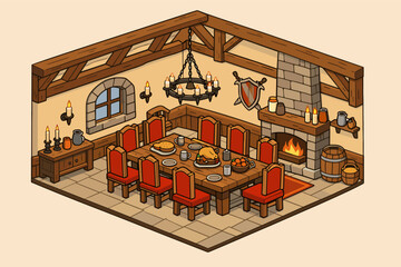 Obraz premium Isometric Medieval Dining Room Interior with Wooden Beams, Red Chairs, Banquet Table with Roast Chicken, Fireplace, Chandelier, and Shield. Hand-Drawn Cartoon Illustration for Game Assets.