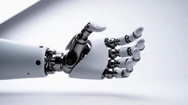 Showcasing an advanced bionic prosthetic arm made of matte white polymer and polished titanium joints for enhanced mobility and function.