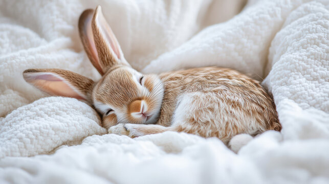 A light brown baby rabbit peacefully sleeps on a white textured blanket with its eyes closed and long ears angled back in a soft and calming scene.