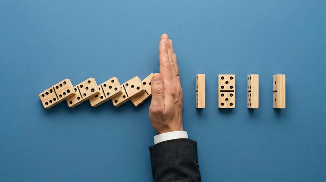 A hand stopping a falling row of dominoes with others standing upright