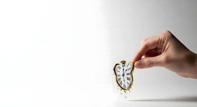 Hand holding a melting distorted gold pocket watch over white background