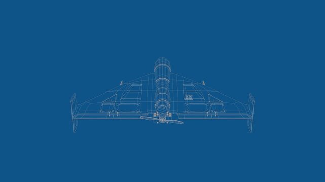 A 3D animation of the blueprint from a kamikaze drone. it rotates 360 degree. The rotation is seamless.