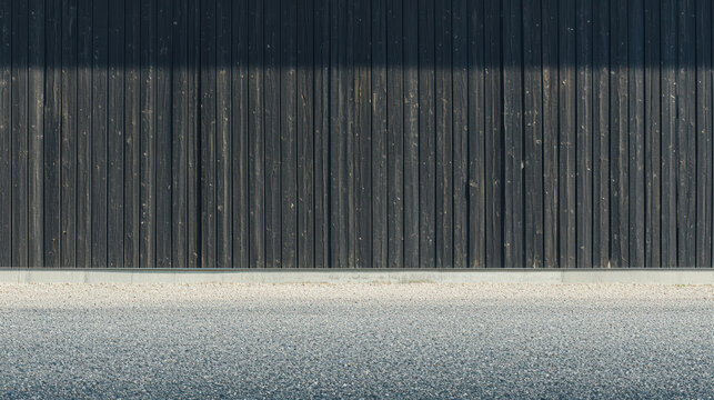 A dark wooden wall with vertical planks stretches above a gray gravel surface, presenting a textured and simple scene ideal for backgrounds and compositions.