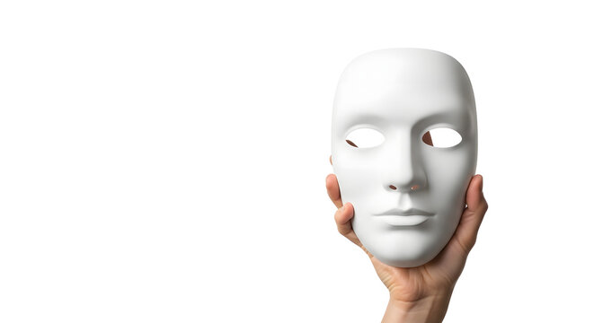 Hand holding white expressionless face mask isolated on white background