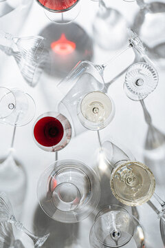 Assorted wine glasses with red and white wine 