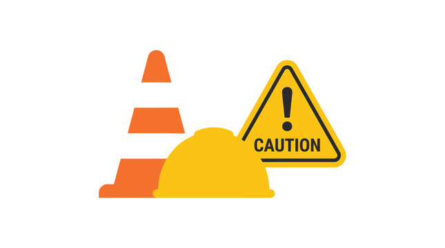 Cone helmet and caution sign for workplace warning isolated vector design