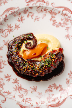 Grilled octopus tentacle with mashed potatoes and sauce on patterned p