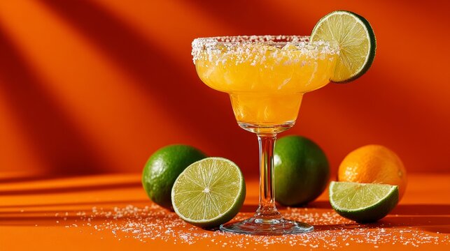 Margarita cocktail with lime garnish and fresh citrus fruits on orange background
