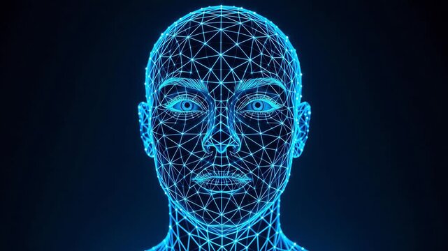 Digital wireframe human face emphasizing health, wellness, and vitality