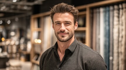 Obraz premium Man smiling in modern interior design store with fabric samples displayed