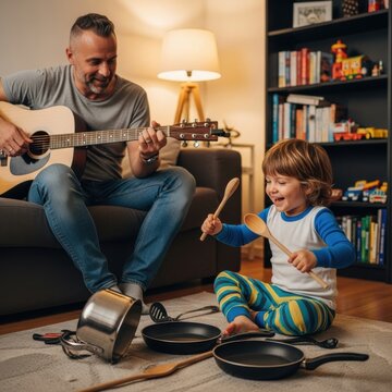 Father plays guitar for his happy son who creates music with kitchen pots and spoons on the floor