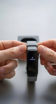 Hands holding smartband displaying connected status