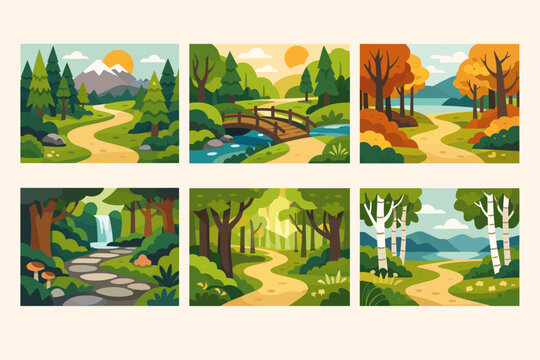 Set of stylized forest path and tree vector illustrations in flat design featuring mountain scenery, autumn foliage, waterfalls, wooden bridges, birch trees, and peaceful nature landscapes.