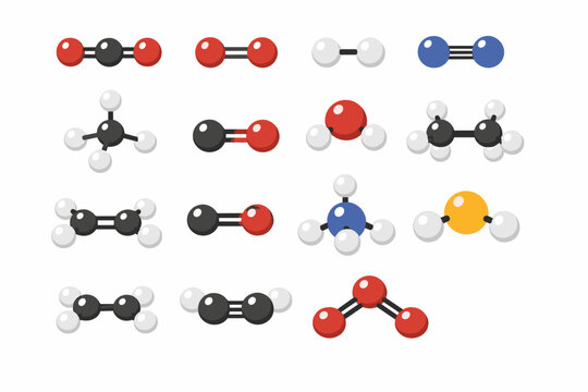 Comprehensive Set of Chemical Gas Molecule Models Including Carbon Dioxide, Oxygen, Hydrogen, Nitrogen, Methane, Carbon Monoxide, Water, Ammonia, Ozone, and Ethane Vector Illustration Icons