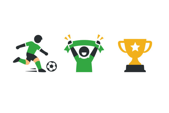 Vector Illustration Set of Three Soccer Icons Featuring a Professional Player Kicking a Ball, a Joyful Cheering Fan Holding a Scarf, and a Golden Championship Trophy Cup with a Star Detail