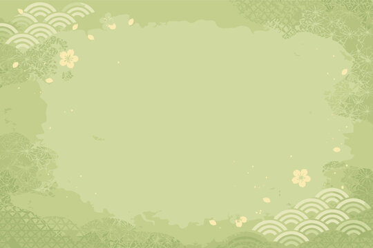 Elegant Green Japanese Washi Paper Background with Traditional Seigaiha Wave Patterns and Cherry Blossoms Sakura Petals, Textured Flat Vector Illustration for Spring New Year Celebration Frame