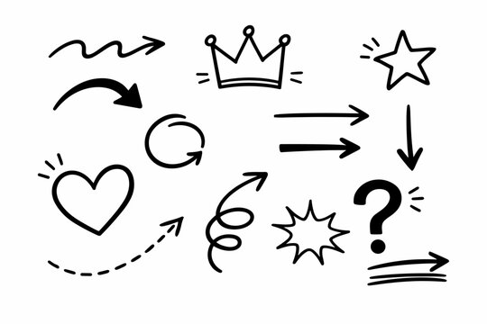 Set of hand drawn doodle arrows, crown, heart, star, and question mark icons. Black ink sketch elements for highlighting text, bullet points, social media graphics, and creative design projects.