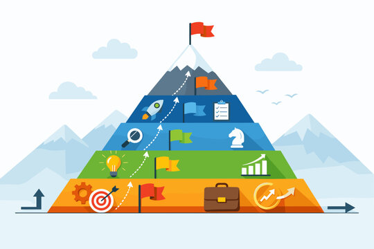 Business Growth Infographic with 6 Steps Pyramid Concept. Mountain Peak Success Strategy Diagram with Icons for Startup Milestones, Achievement, Planning, and Goal Progress. Simple Flat Vector.