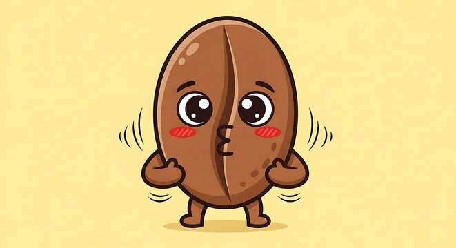 Cartoon coffee bean with wide eyes, blushing cheeks, and puckered lips