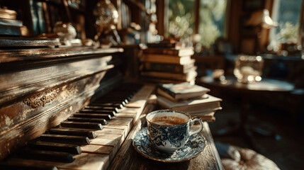 Fototapeta premium Vintage piano in cozy study filled with books, warm sunlight, and coffee, symbolizing music study, creativity, learning, artistic focus, intellectual inspiration, and relaxed educational environment,