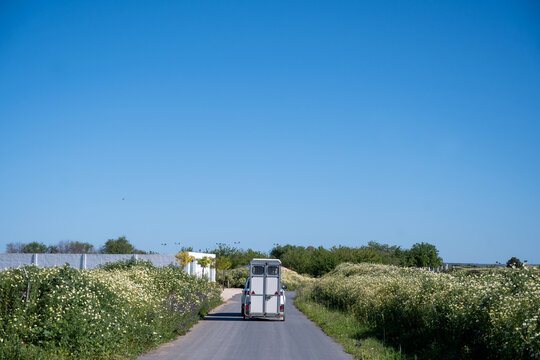 Horse Trailer Driving Through Andalusian Countryside