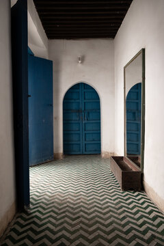 A blue door of a stunning riad in Marrakech, Morocco