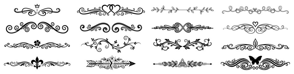 Fototapeta premium Ornamental vintage dividers and flourishes set, decorative floral vignettes and calligraphic borders for wedding invitation and card design
