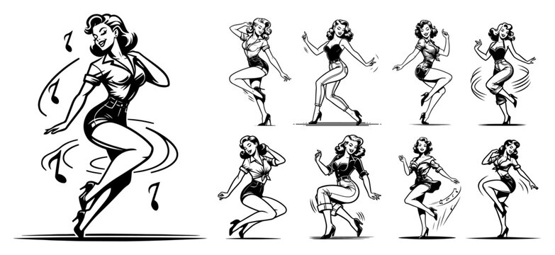 Dancing pin up girl set, retro 1950s style woman characters in musical dance poses, vintage hand drawn rockabilly fashion illustrations