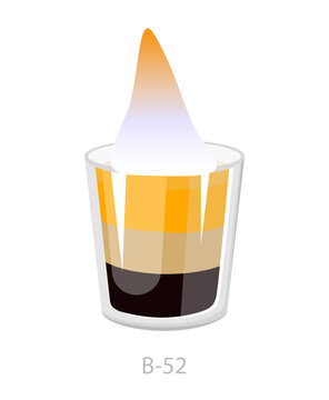 Vector illustration of a layered B 52 shot in a small glass with creamy foam, designed for bar menus, drink cards, and cocktail themed graphics.