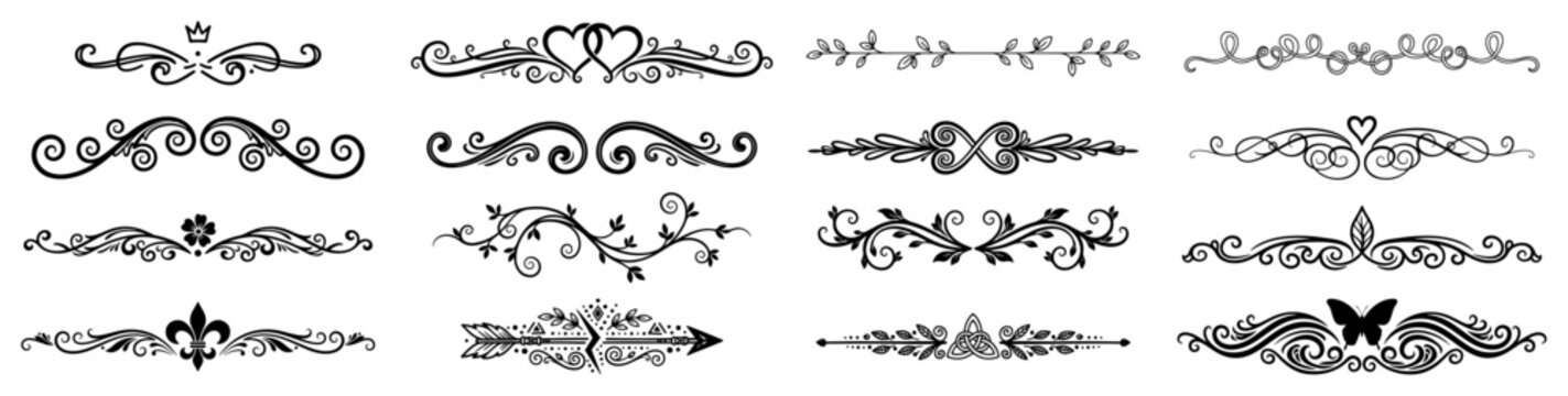 Ornamental vintage dividers and flourishes set, decorative floral vignettes and calligraphic borders for wedding invitation and card design