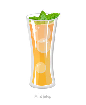 Vector illustration of a mint julep cocktail in a tall glass with mint leaves and bubbles, suitable for bar menus and drink themed design.